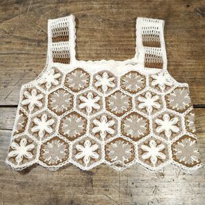 Rebellion Crochet Granny Square Tank Top MEDIUM Brown White Cotton Boho